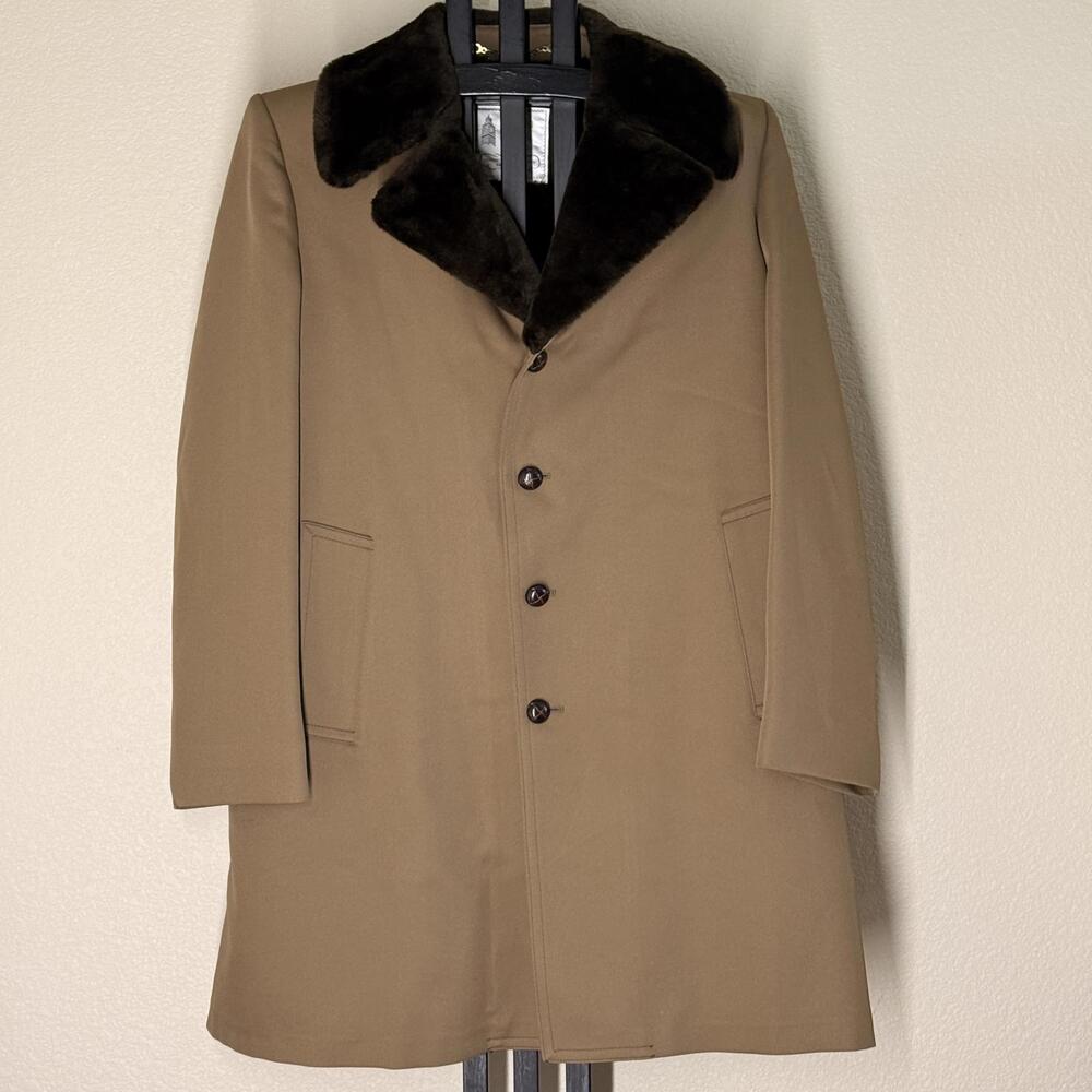 Vintage 60s 70s London Fog Overcoat 42 Long Fur Collar Camel Tan Wool USA Made